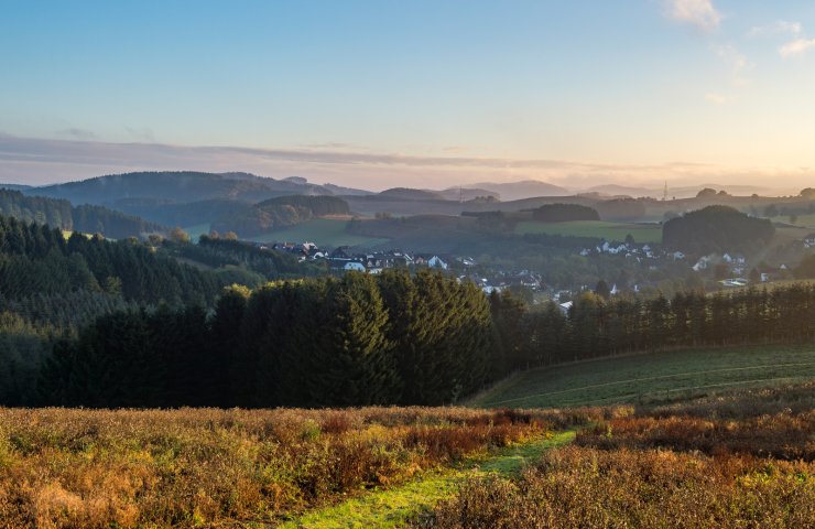 Grassy path through heathland with a view of pine forest, a village and the Sauerland hills