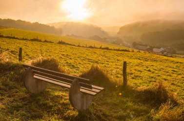 Wooden bench in a meadow overlooking a misty valley at sunrise